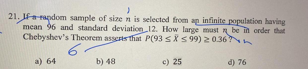 Solved ) 21. If a random sample of size n is selected from | Chegg.com