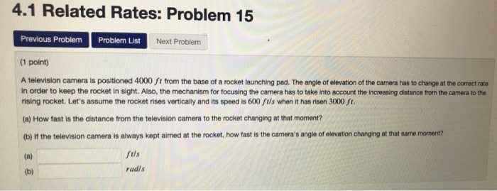 Related Rates Sample Problem Boat Solved 4.1 Related Rates: Problem 13 Previous Problem | Chegg.com