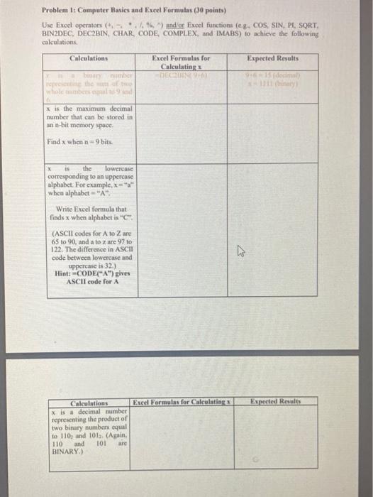 Solved Problem 1: Computer Basics and Excel Formulas (30 | Chegg.com