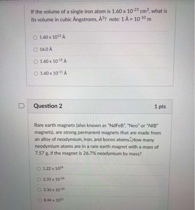 Solved If The Volume Of A Single Iron Atom Is 1 60 X 10 2 Chegg Com