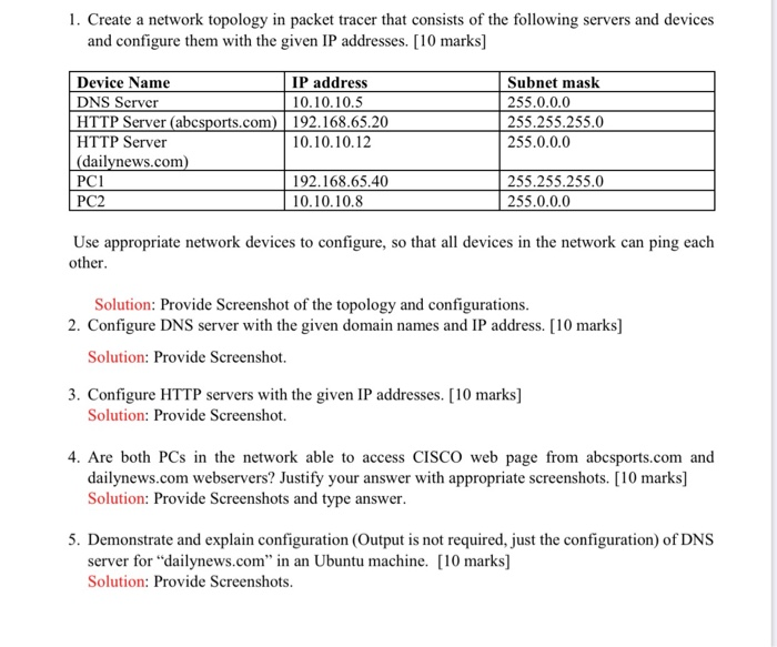 1. Create a network topology in packet tracer that consists of the following servers and devices and configure them with the