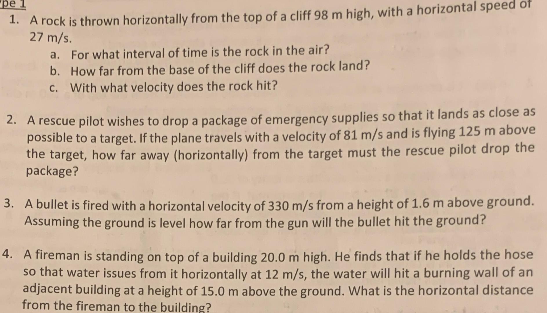 Solved pe 1 1. A rock is thrown horizontally from the top of | Chegg.com