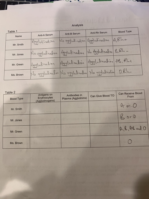 Analysis Table 1 Name Blood Type Mr Smith Mr Jones Chegg Com