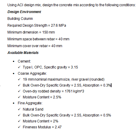 Solved Using ACI Design Mix, Design The Concrete Mix | Chegg.com