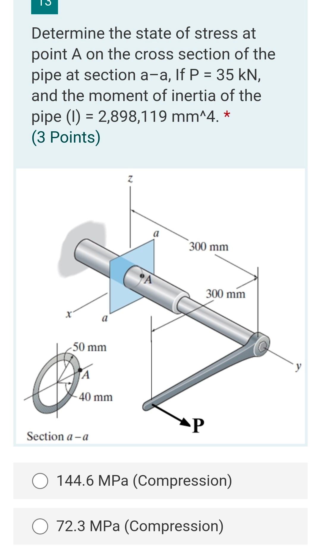Solved Determine the state of stress at point A on the cross | Chegg.com