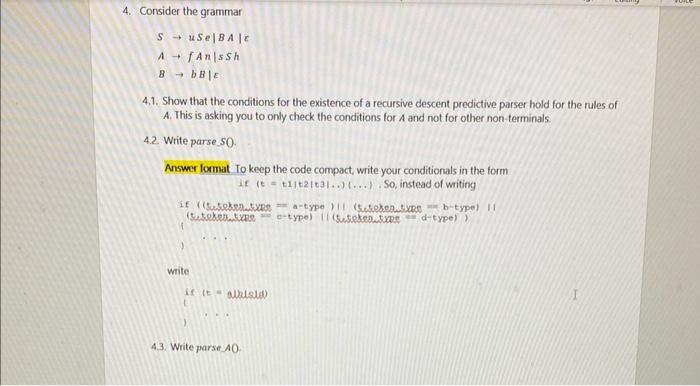 4. Consider the grammar S→uSe∣BA∣εA→fAn∣sShB→bB∣ε | Chegg.com