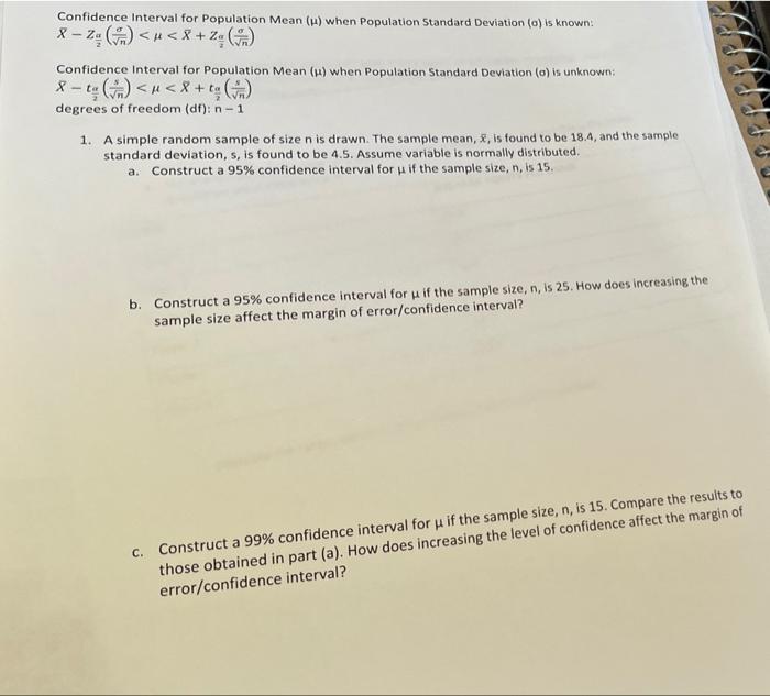 Solved Confidence interval for Population Mean (1) when | Chegg.com
