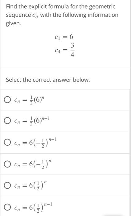 Solved Find the explicit formula for the geometric sequence | Chegg.com