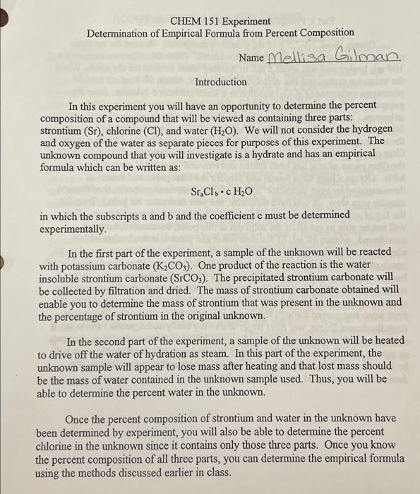 Solved CHEM 151 Experiment Determination of Empirical | Chegg.com