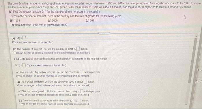 Solved > The growth in the number (in millions) of internet | Chegg.com