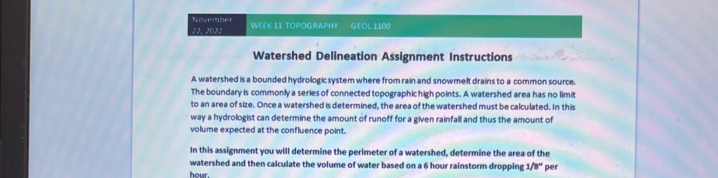 Solved November22. 2022WEEK 11 ﻿TOPOGRAPHYGEOL 1100Watershed | Chegg.com