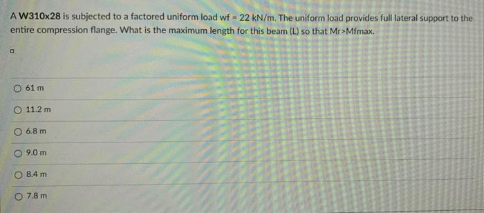 Solved A W310x28 is subjected to a factored uniform load wf | Chegg.com