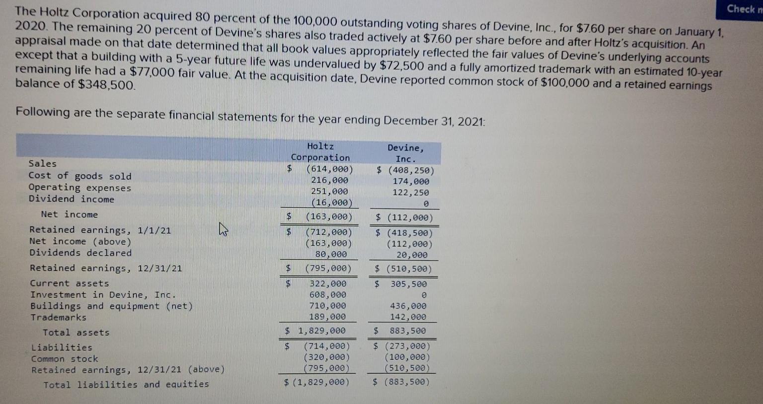 Solved Check The Holtz Corporation acquired 80 percent of | Chegg.com