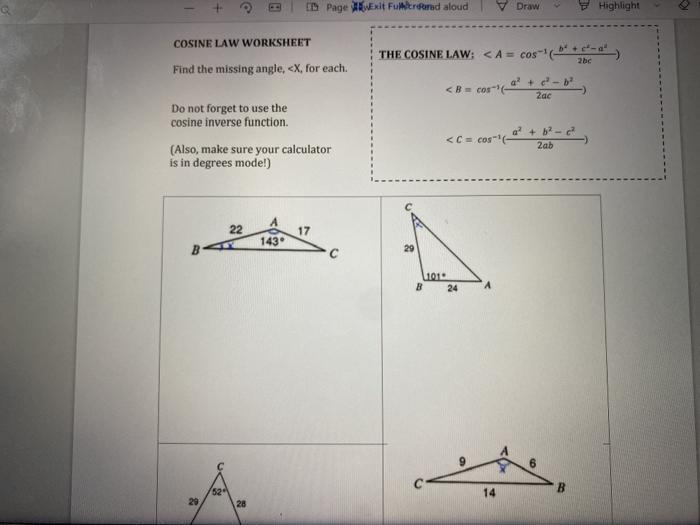 Solved COSINE LAW WORKSHEET THE COSINE LAW: a +-2bcCosa | Chegg.com