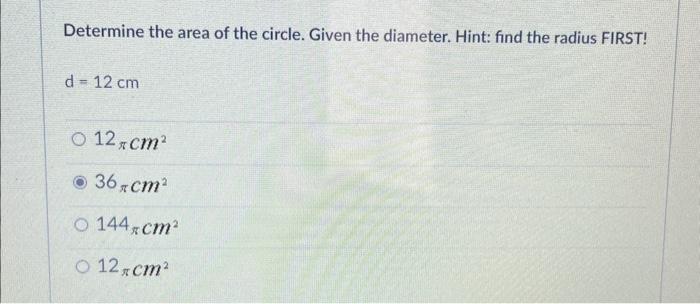 find the radius of the circle with given diameter 12 cm