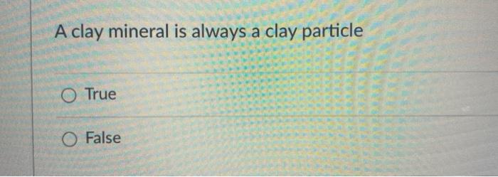A clay mineral is always a clay particle O True O False