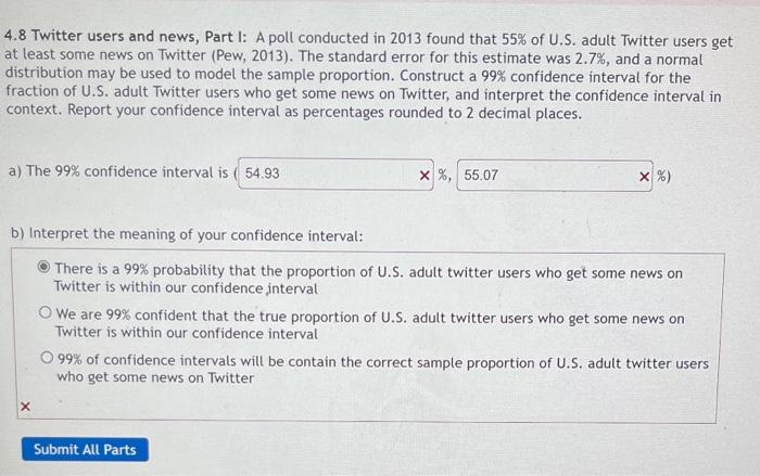 Solved 4.8 Twitter users and news, Part I: A poll conducted | Chegg.com
