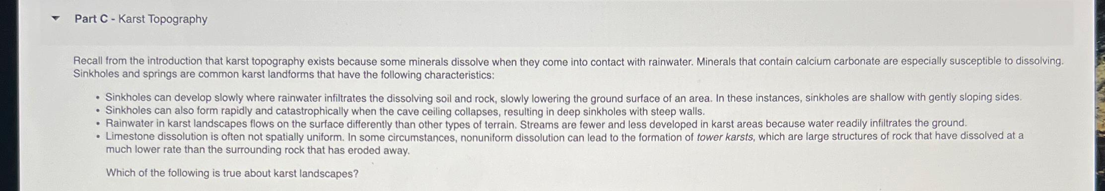Solved Part C ï Karst Topography Sinkholes And Springs Are Chegg