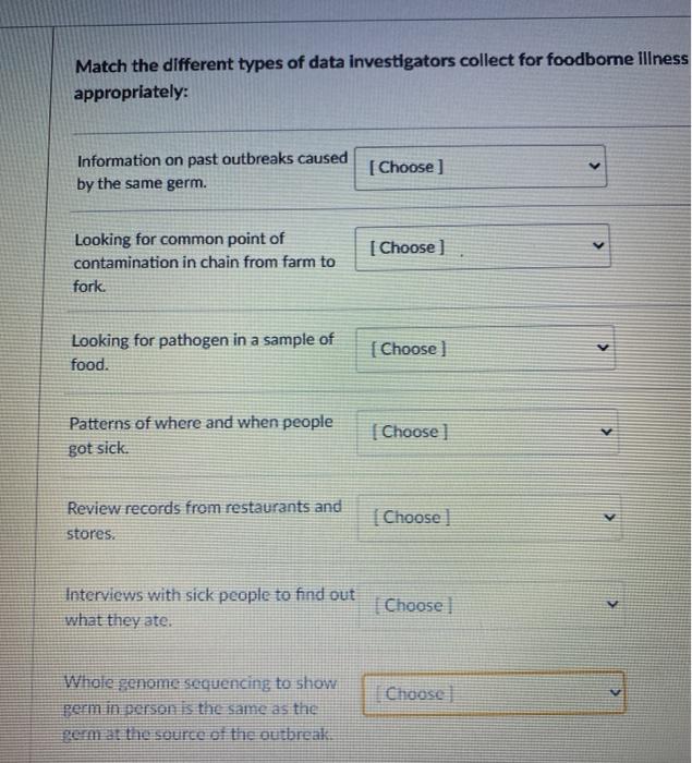 Match the different types of data investigators collect for foodborne illness appropriately: Information on past outbreaks ca