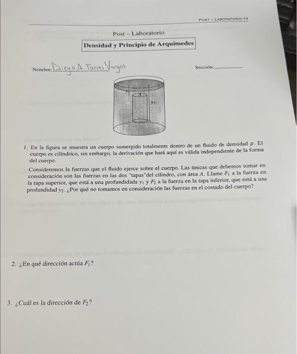 1. En la figura se muestra un cuerpo sumergido totalmente dentro de un fluido de densidad \( \rho \). El cuerpo es cilfndrico