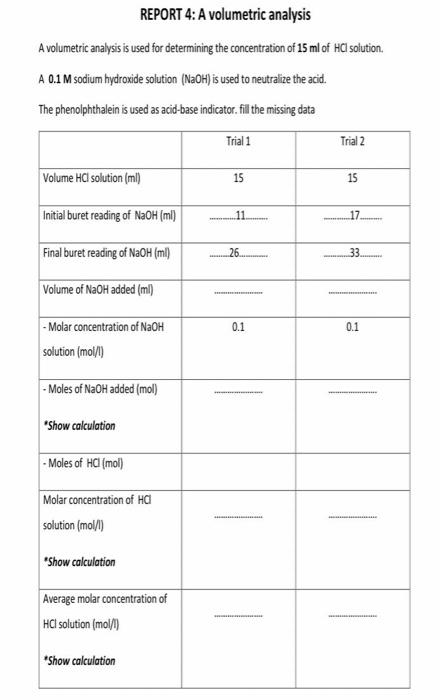 REPORT 4: A volumetric analysis A volumetric analysis | Chegg.com