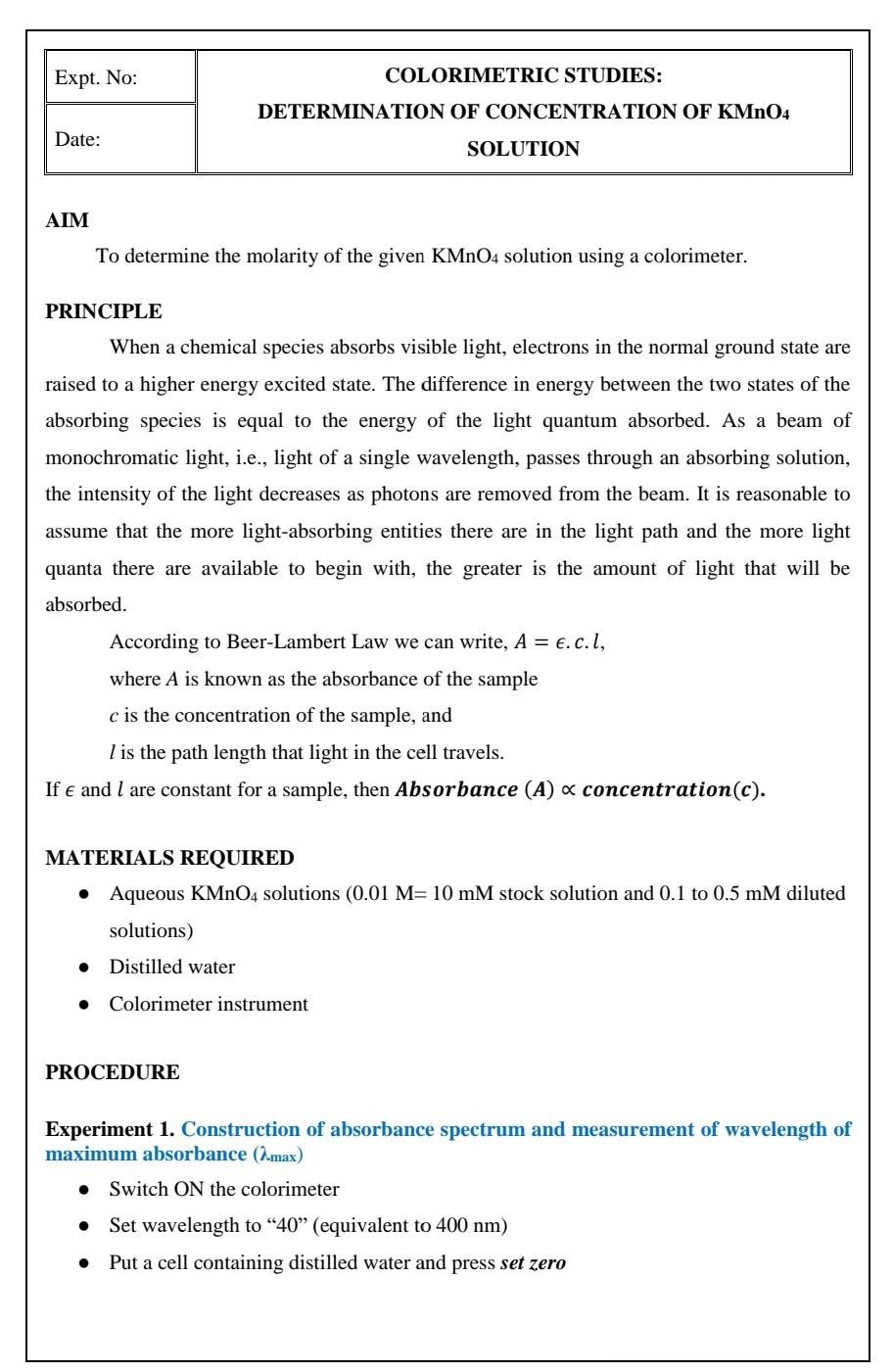 Solved Concentration Determination of KMnO4 Solution by