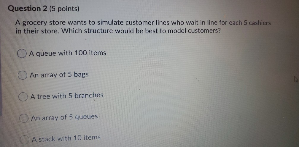 Solved Question 2 (5 points) A grocery store wants to | Chegg.com