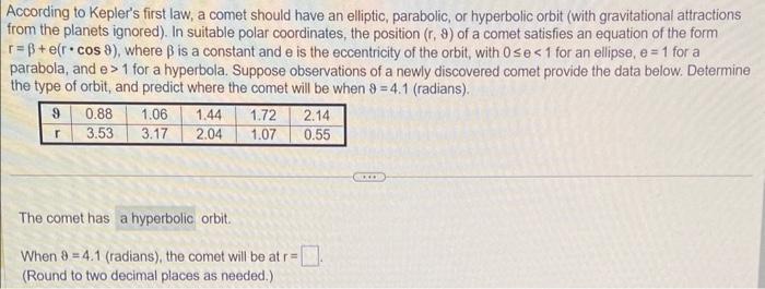 According to Keplers first law, a comet should have an elliptic, parabolic, or hyperbolic orbit (with gravitational attracti