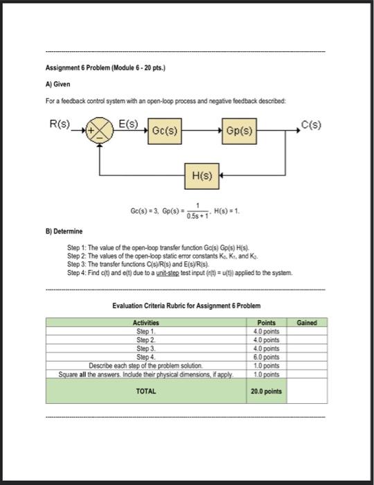 A) Given
For a feedback control system with an open-loop process and negative feedback described:
\[
G c(s)=3, G p(s)=\frac{1