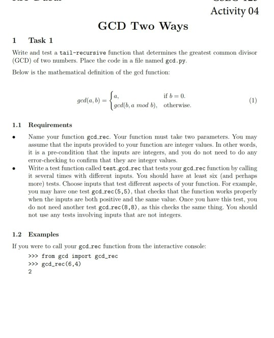 Activity 04 GCD Two Ways 1 Task 1 Write and test a tail-recursive ...