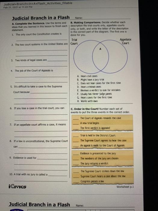 Icivics Judicial Branch In A Flash Answers - Nearpod