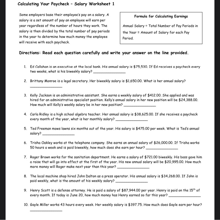 Calculating Your Paycheck Salary Worksheet 1 Answer Key