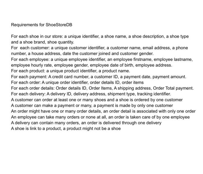 Solved Requirements for ShoeStoreDB For each shoe in our | Chegg.com