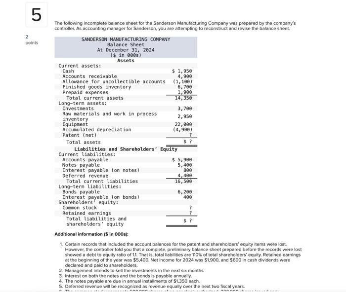 Solved The following incomplete balance sheet for the | Chegg.com