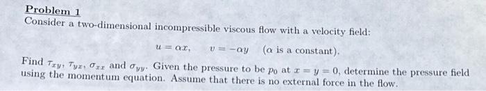 Solved Problem 1 Consider A Two-dimensional Incompressible | Chegg.com