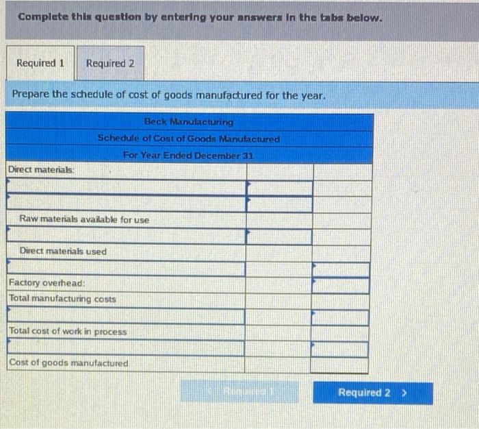 Solved Beck Manufacturing reports the following information