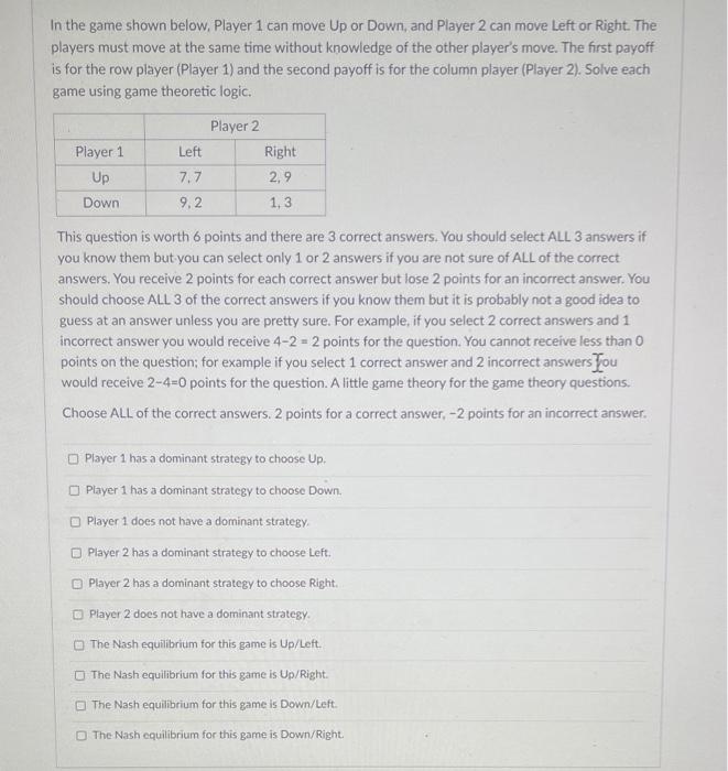 Solved In the game shown below, Player 1 can move Up or | Chegg.com
