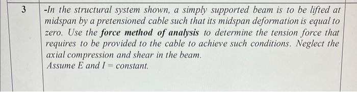 -In the structural system shown, a simply supported beam is to be lifted at midspan by a pretensioned cable such that its mid