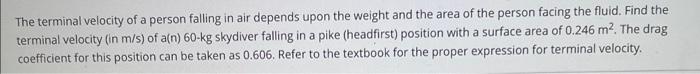 Solved The terminal velocity of a person falling in air | Chegg.com