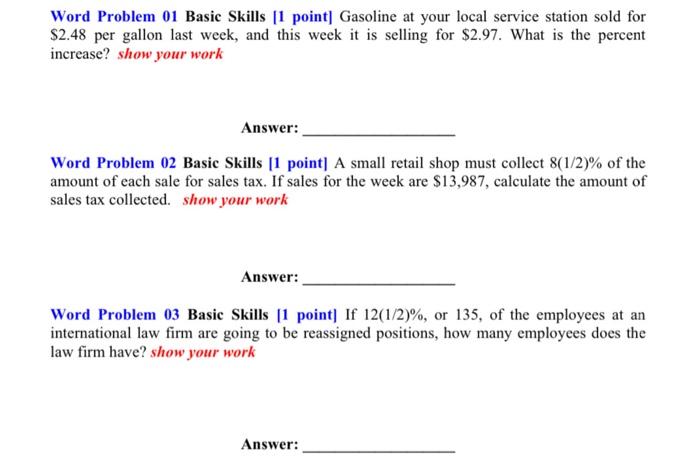 Solved Word Problem 01 Basic Skills (1 point) Gasoline at | Chegg.com