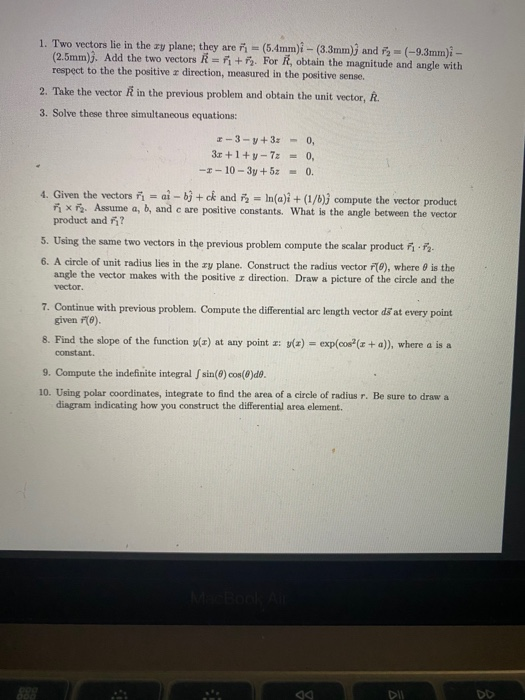 Solved 1 Two Vectors Lie In The Zy Plane They Are N Chegg Com