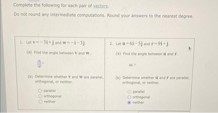Solved Complete the following for each pair of vectors. Do | Chegg.com
