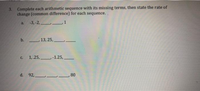 Solved 3. Complete each arithmetic sequence with its missing | Chegg.com