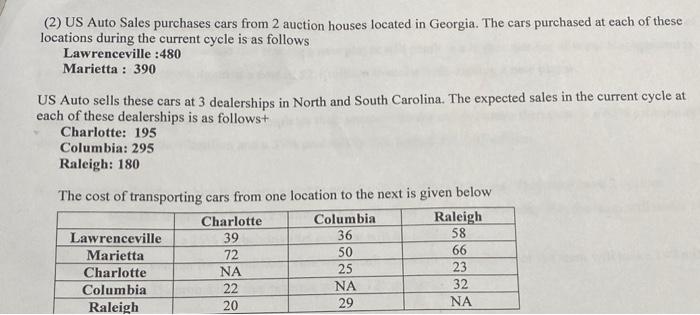 Solved (2) US Auto Sales purchases cars from 2 auction | Chegg.com