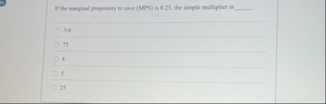 Solved If the marginal propensity to save (MPS) ﻿is 0.25 , | Chegg.com