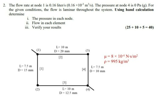 Solved 2. The flow rate at node 1 is 0.16 liter's (0.16 *10* | Chegg.com