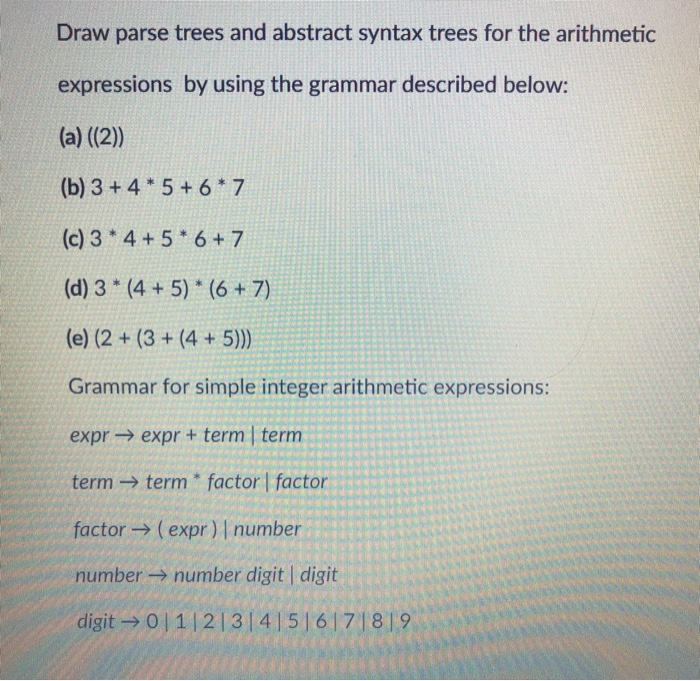 Solved Draw parse trees and abstract syntax trees for the | Chegg.com