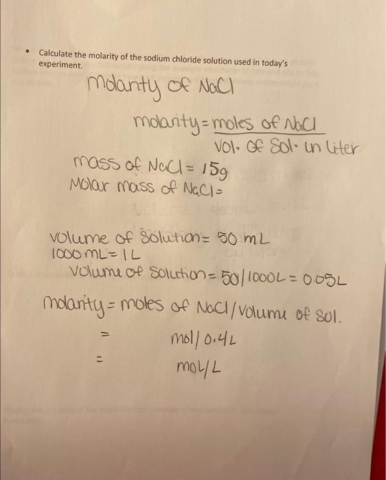 Solved Calculate The Molarity Of The Sodium Chloride