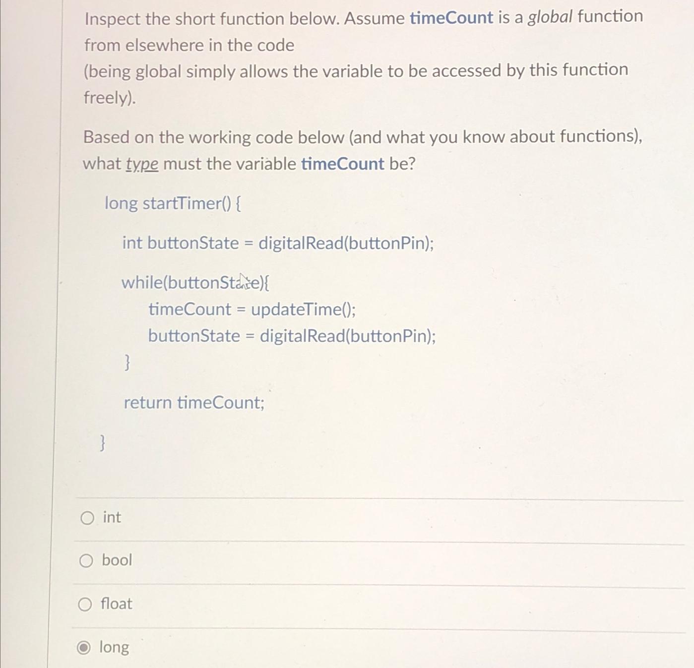 Solved Inspect the short function below. Assume timeCount is | Chegg.com