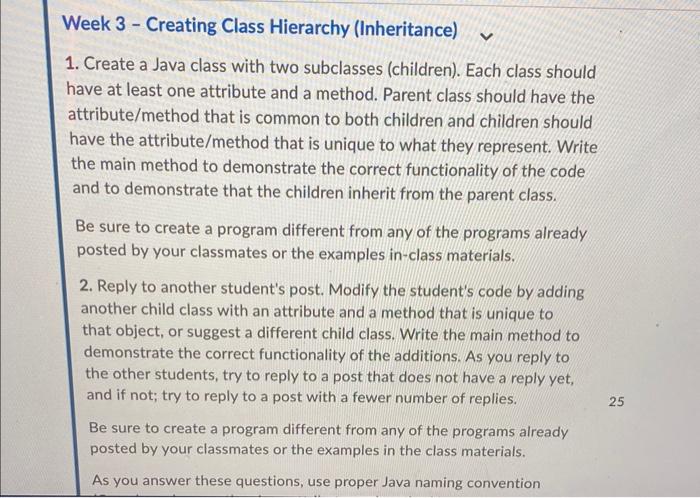 Solved 1. Create a Java class with two subclasses | Chegg.com